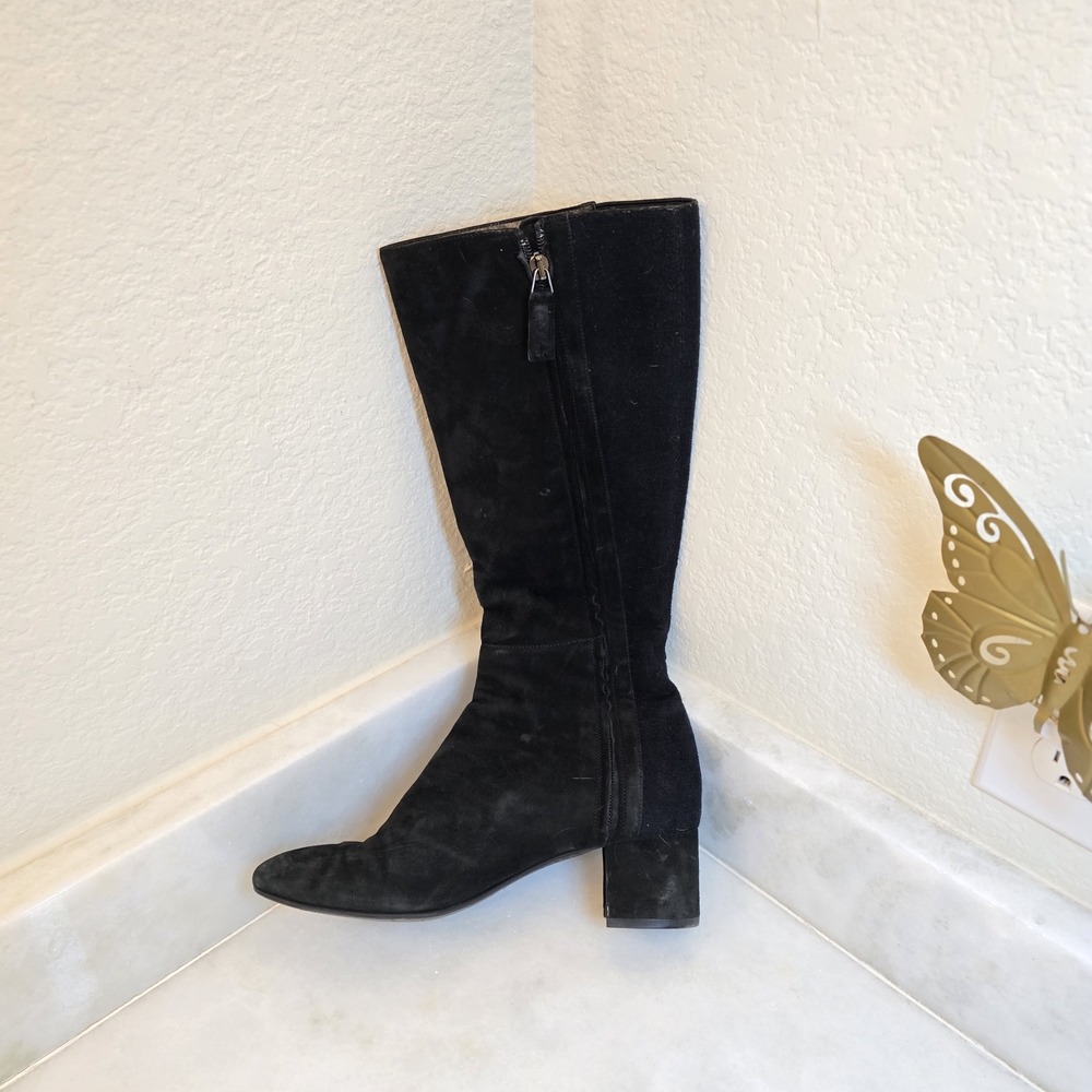 Aquatalia Black Suede Knee High Boots Block Heel Made in Italy Size 9